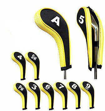 Set of 10 Golf Club Iron Head Covers - 3 colours - Long Neck with Zip