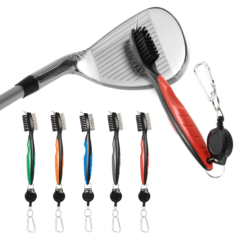 Golf Club Cleaning Brush Double-Side With Keychain and Retractable Zip Line