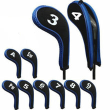 Load image into Gallery viewer, Set of 10 Golf Club Iron Head Covers - 3 colours - Long Neck with Zip

